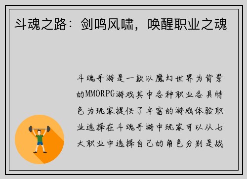 斗魂之路：剑鸣风啸，唤醒职业之魂